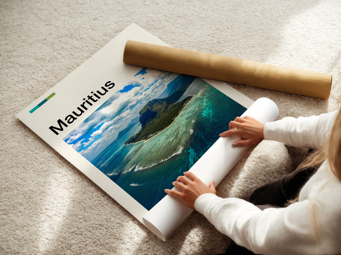Mauritius Le Morne Brabant Travel Print being unrolled from its postal tube