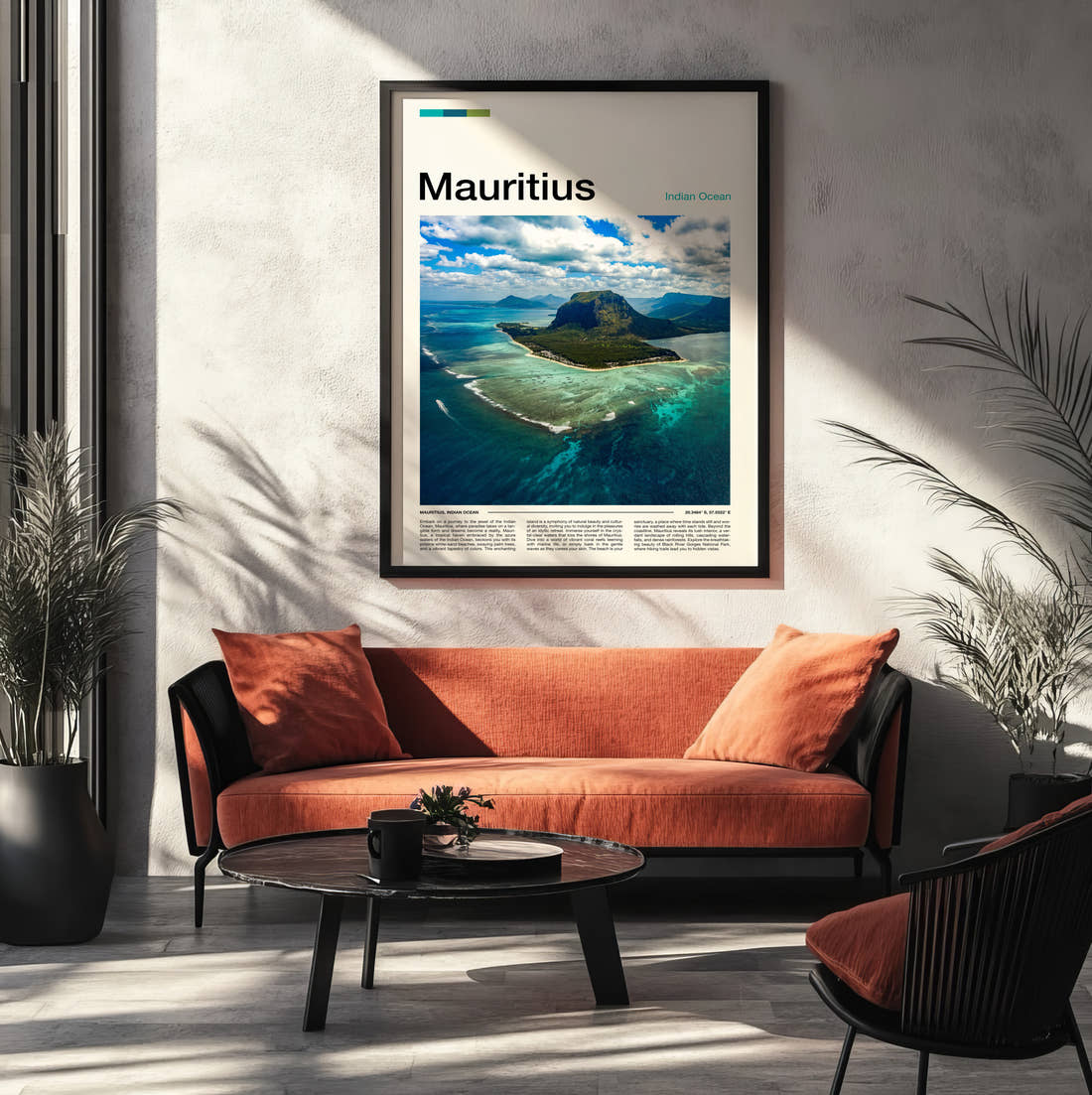 Mauritius Le Morne Brabant Travel Print framed on the wall of a modern living room