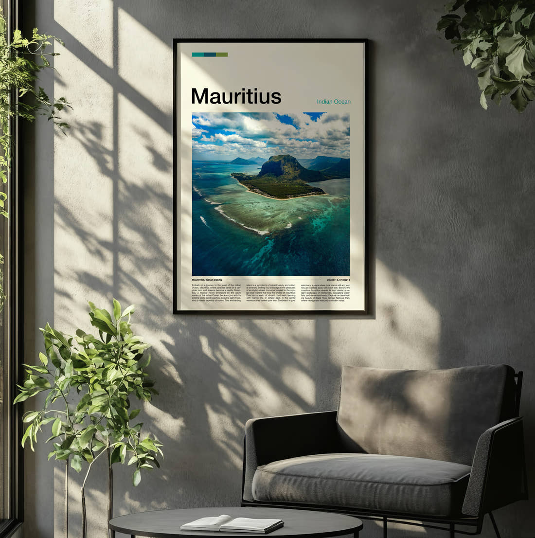 Mauritius Le Morne Brabant Travel Print framed on the wall of a relaxed living room