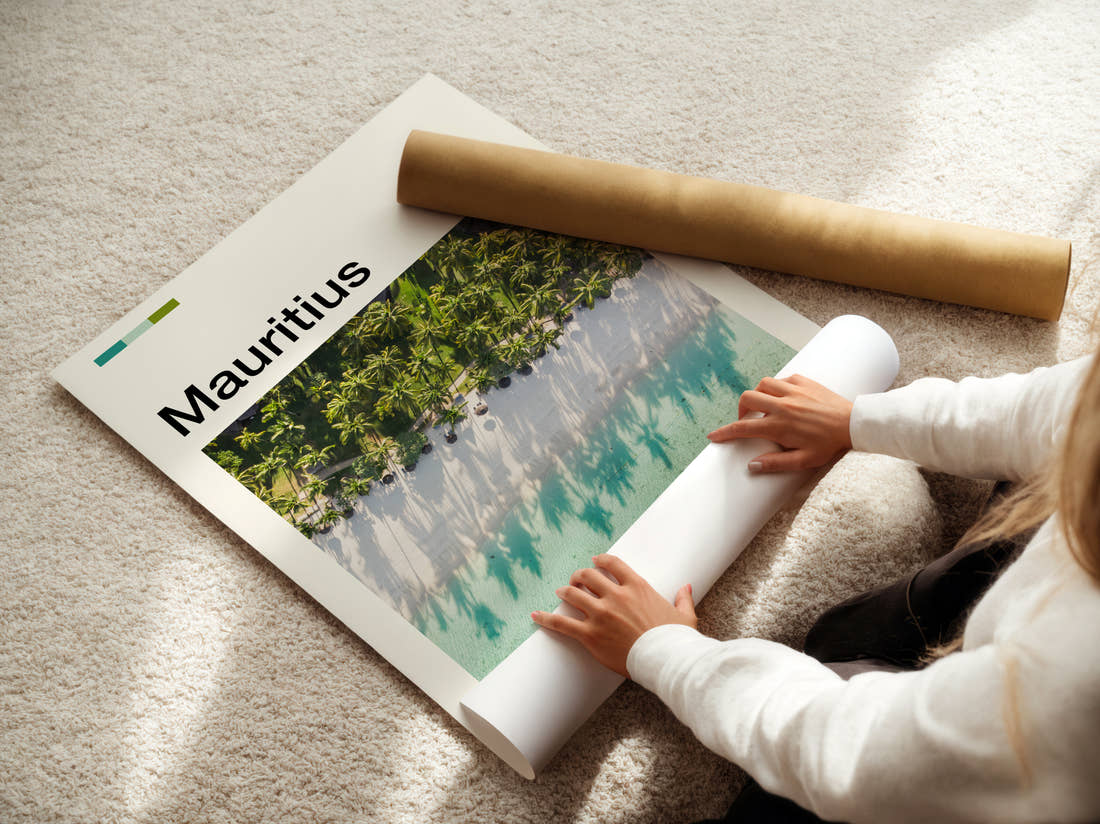 Mauritius Palm Shadows On Sand Travel Print being unrolled from its postal tube