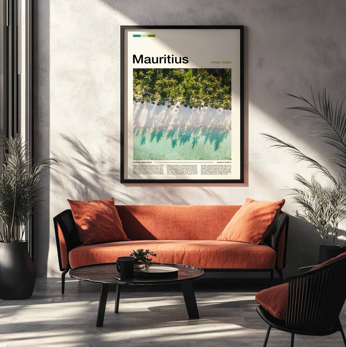Mauritius Palm Shadows On Sand Travel Print framed on the wall of a modern living room