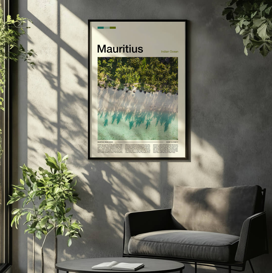 Mauritius Palm Shadows On Sand Travel Print framed on the wall of a relaxed living room