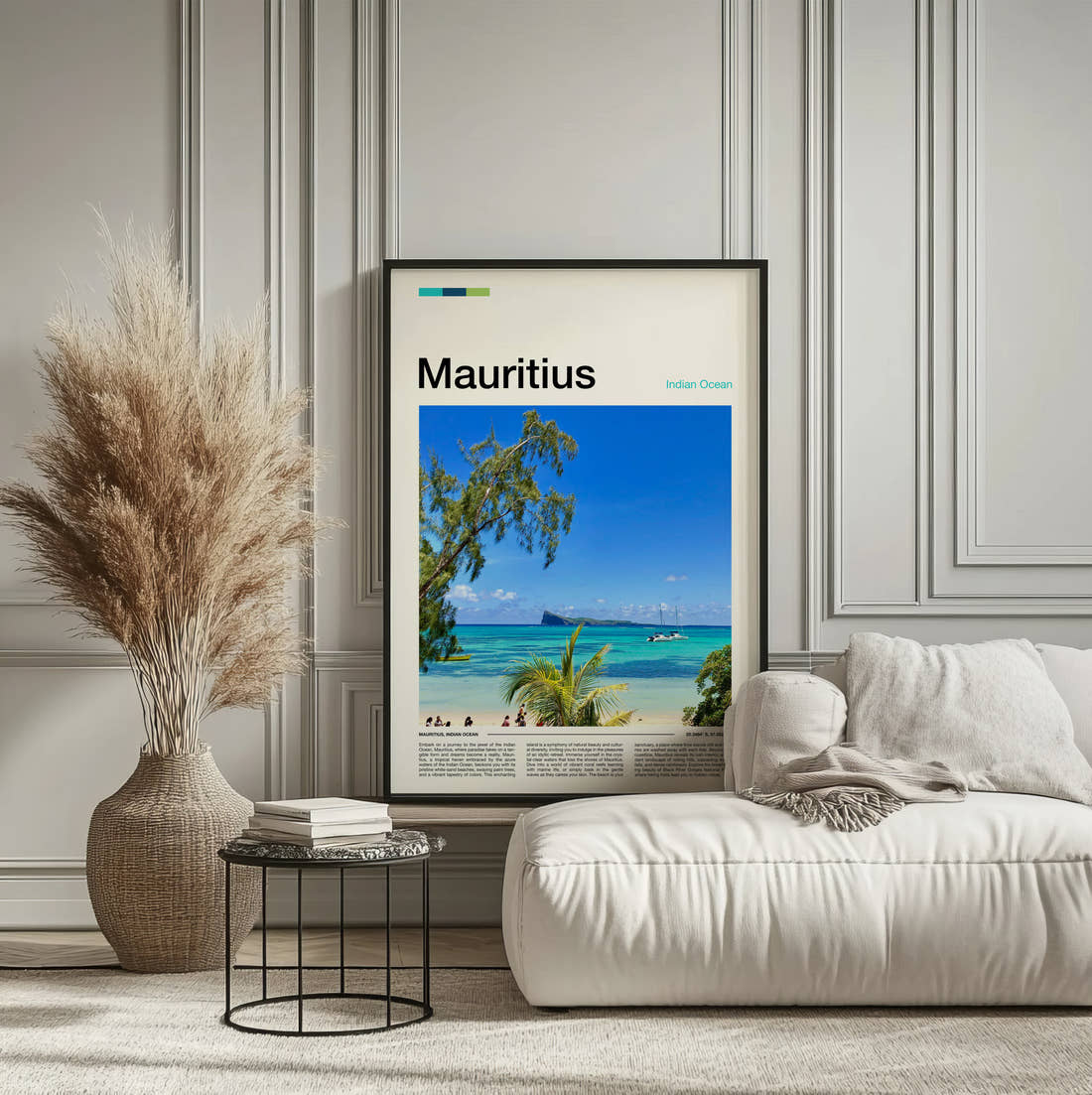Mauritius Turquoise Sea And Island Travel Print framed on the wall of a calm, neutral bedroom