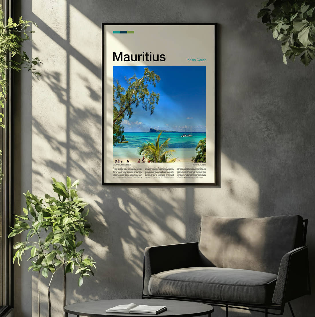 Mauritius Turquoise Sea And Island Travel Print framed on the wall of a relaxed living room