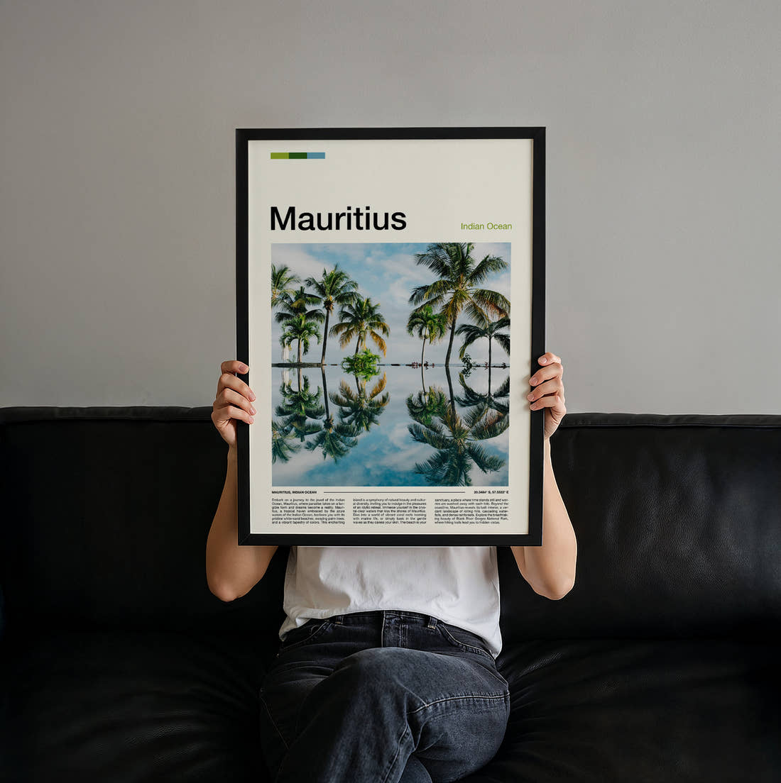 Mauritius Palm Trees Reflected Travel Print held up by hand to show the size of the print