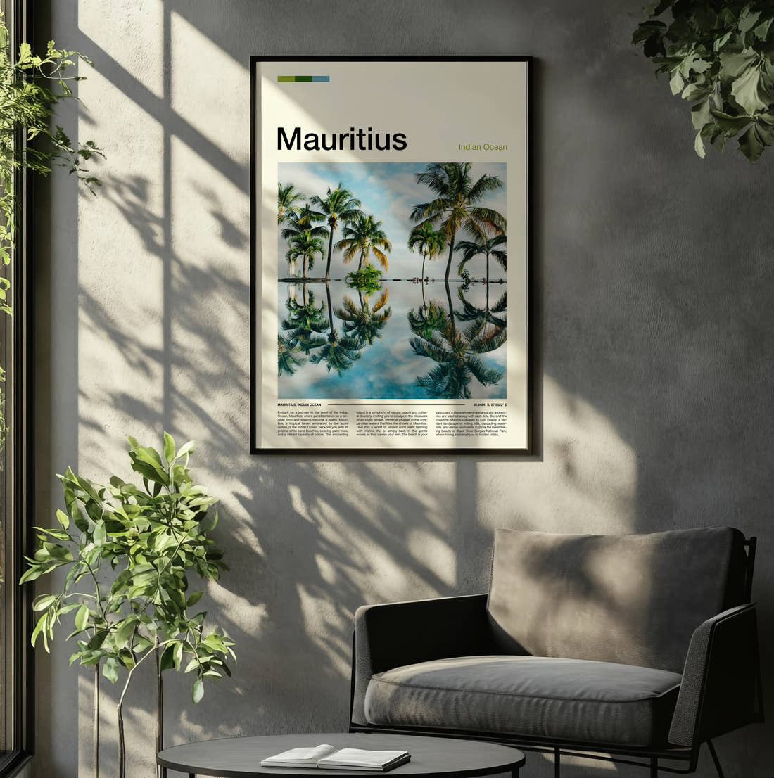 Mauritius Palm Trees Reflected Travel Print framed on the wall of a relaxed living room