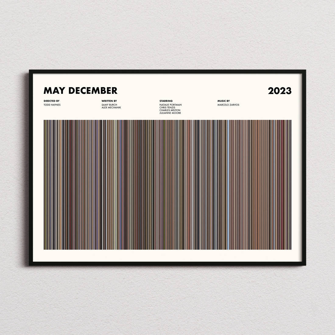 May December Movie Barcode Poster framed and photographed straight on