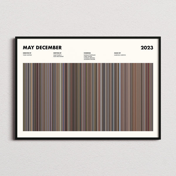 May December Movie Barcode Poster framed and photographed straight on