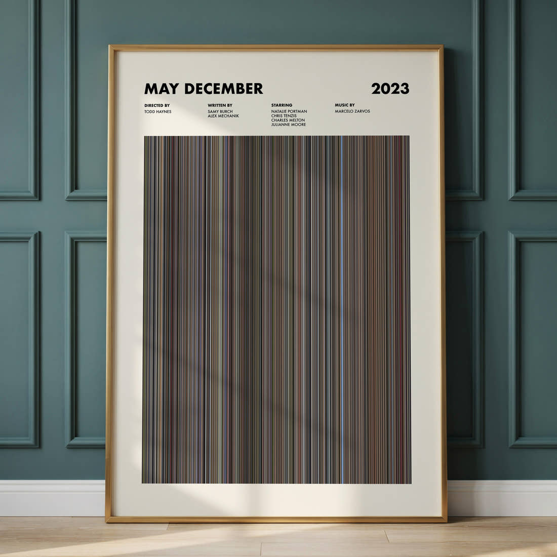 May December Movie Barcode Poster framed and leaning against a panelled wall