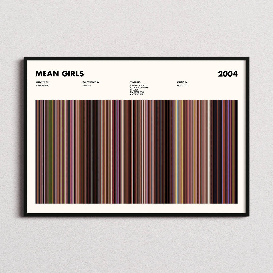 Mean Girls Movie Barcode Poster framed and photographed straight on