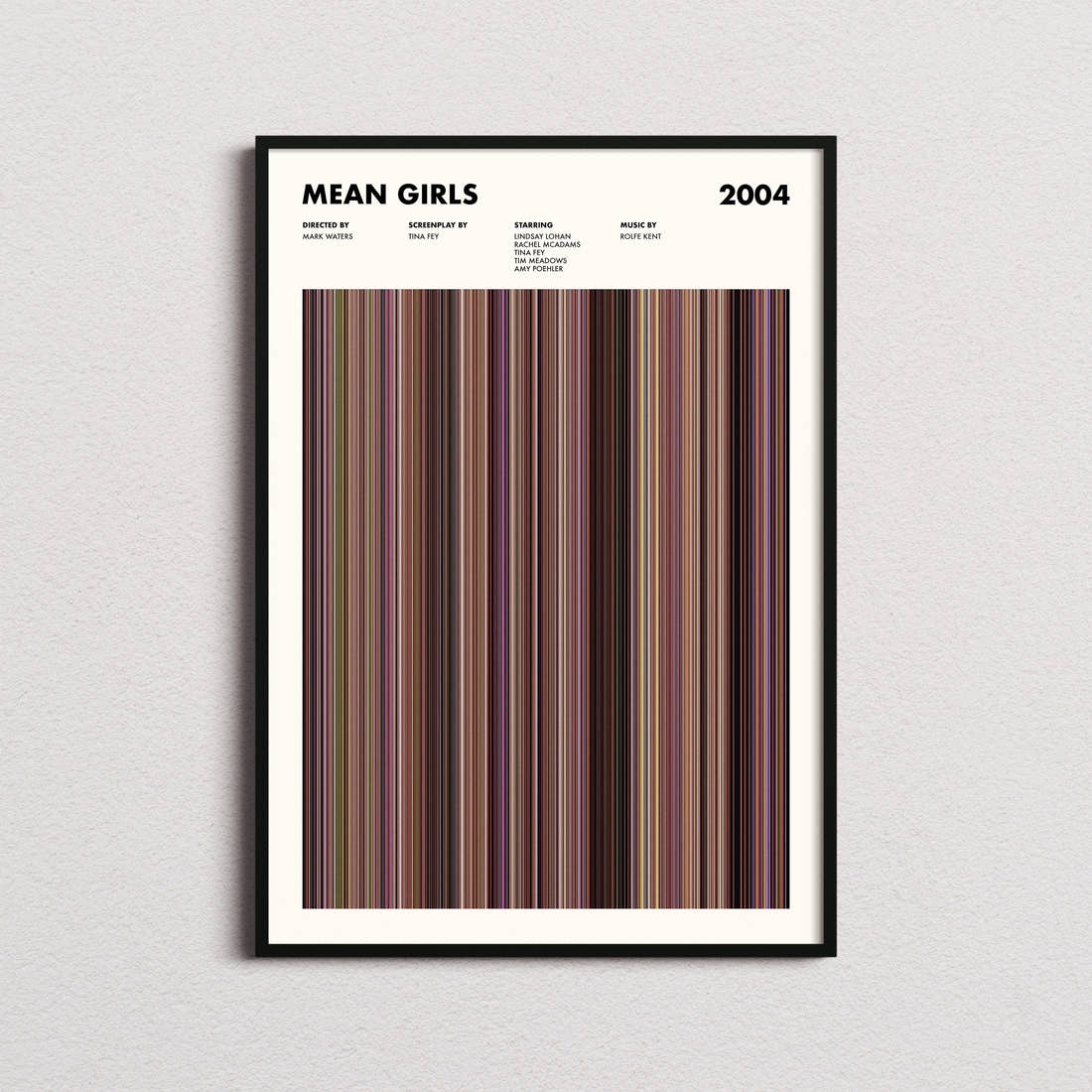 Mean Girls Movie Barcode Poster framed on a plain studio wall
