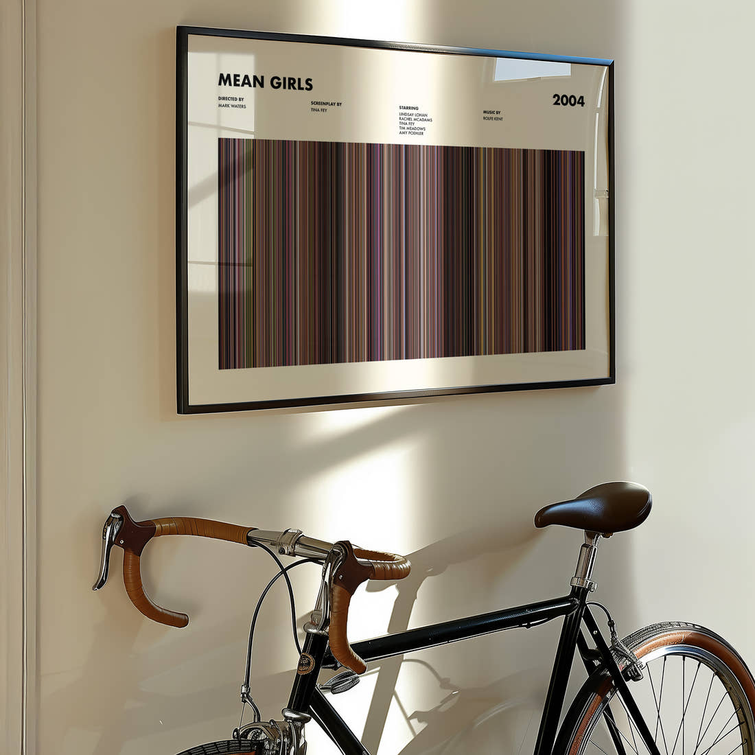 Mean Girls Movie Barcode Poster framed on the wall of a styled room setting