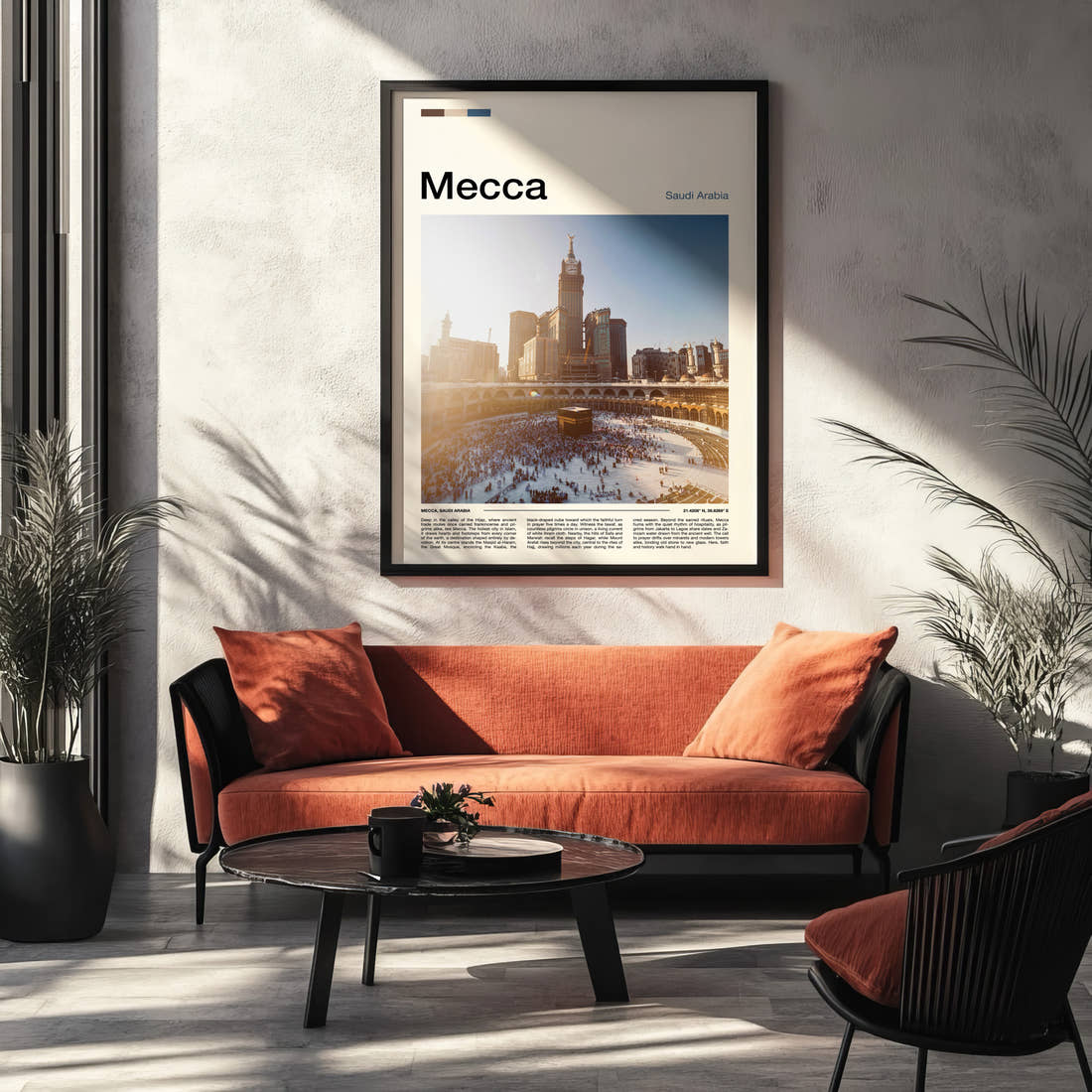 Mecca Kaaba At Dusk Travel Print framed on the wall of a modern living room