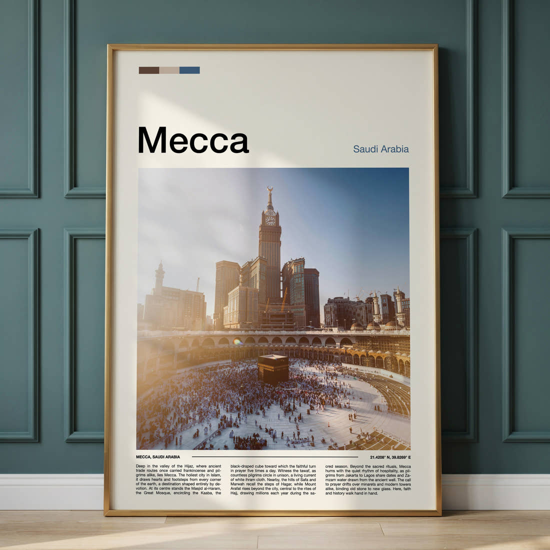 Mecca Kaaba At Dusk Travel Print framed on the wall of a calm, neutral bedroom