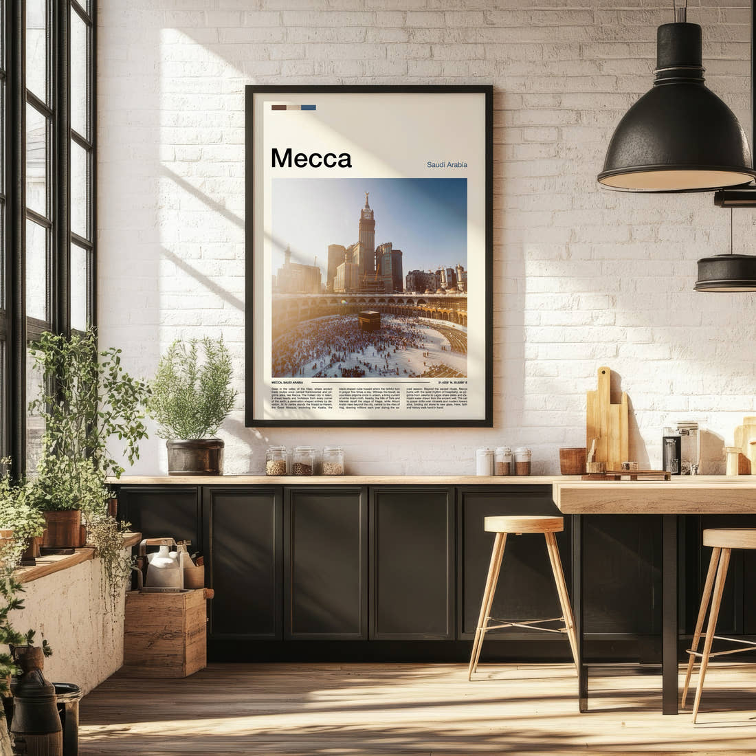 Mecca Kaaba At Dusk Travel Print framed on the wall of a bright kitchen and dining space