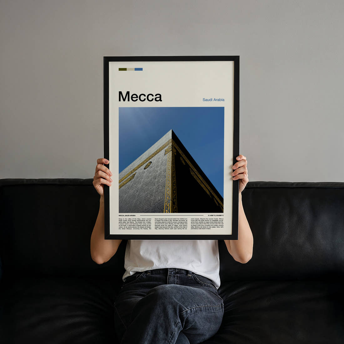 Mecca Kaaba Corner Detail Travel Print held up by hand to show the size of the print
