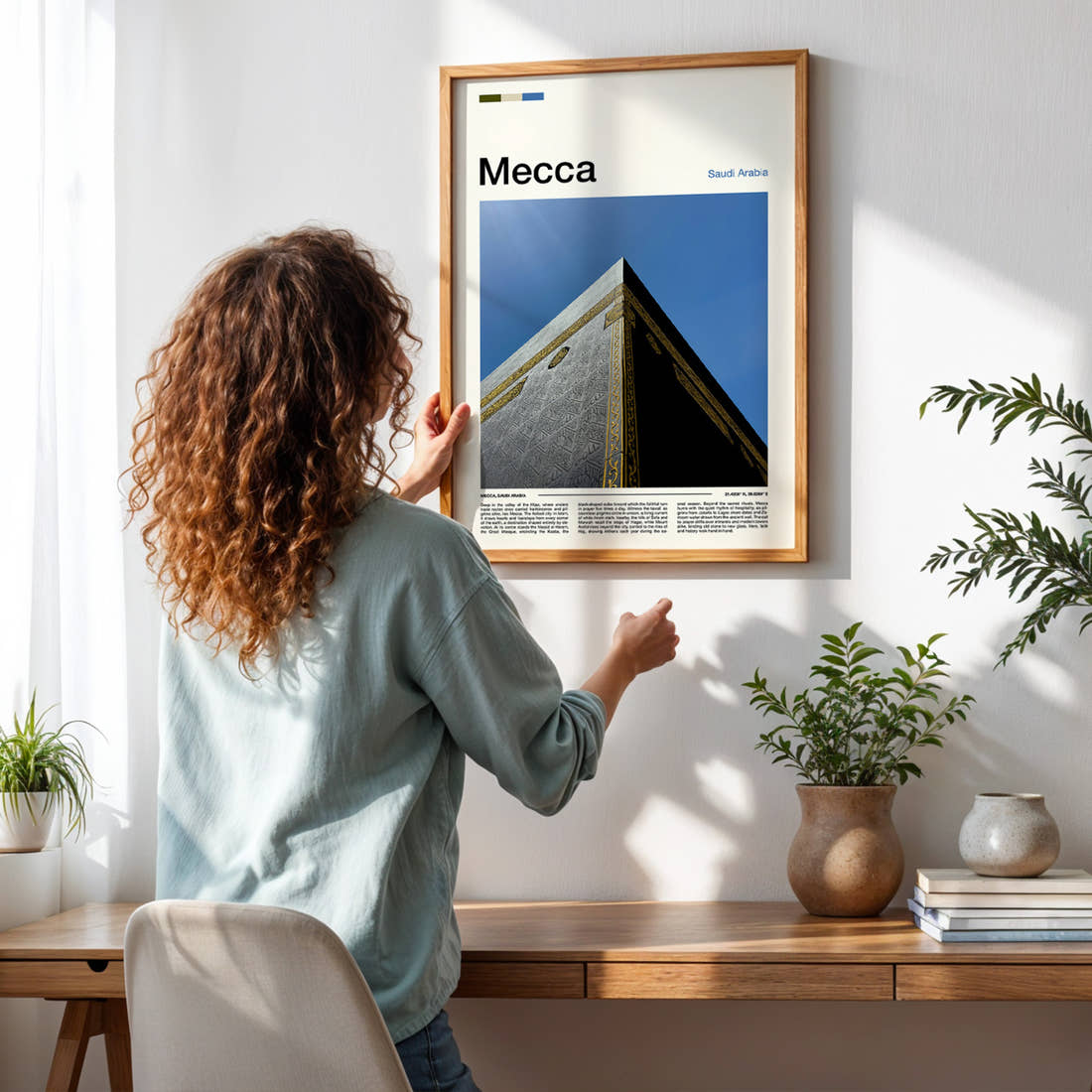 Mecca Kaaba Corner Detail Travel Print framed on a pale wall beside houseplants