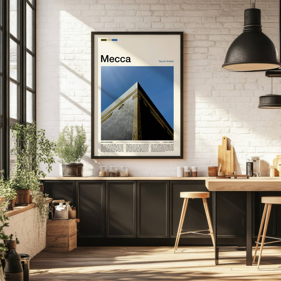Mecca Kaaba Corner Detail Travel Print framed on the wall of a bright kitchen and dining space