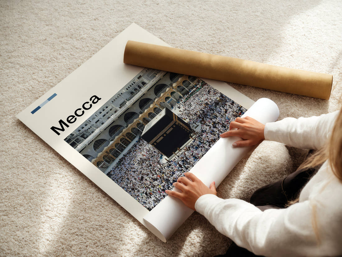Mecca Kaaba And Pilgrims Travel Print being unrolled from its postal tube