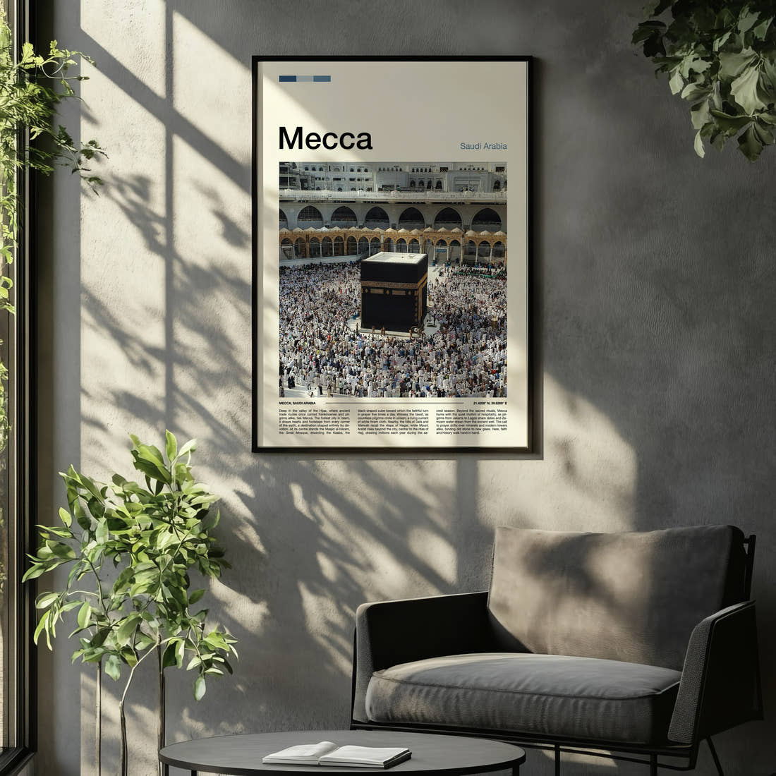Mecca Kaaba And Pilgrims Travel Print framed on the wall of a relaxed living room