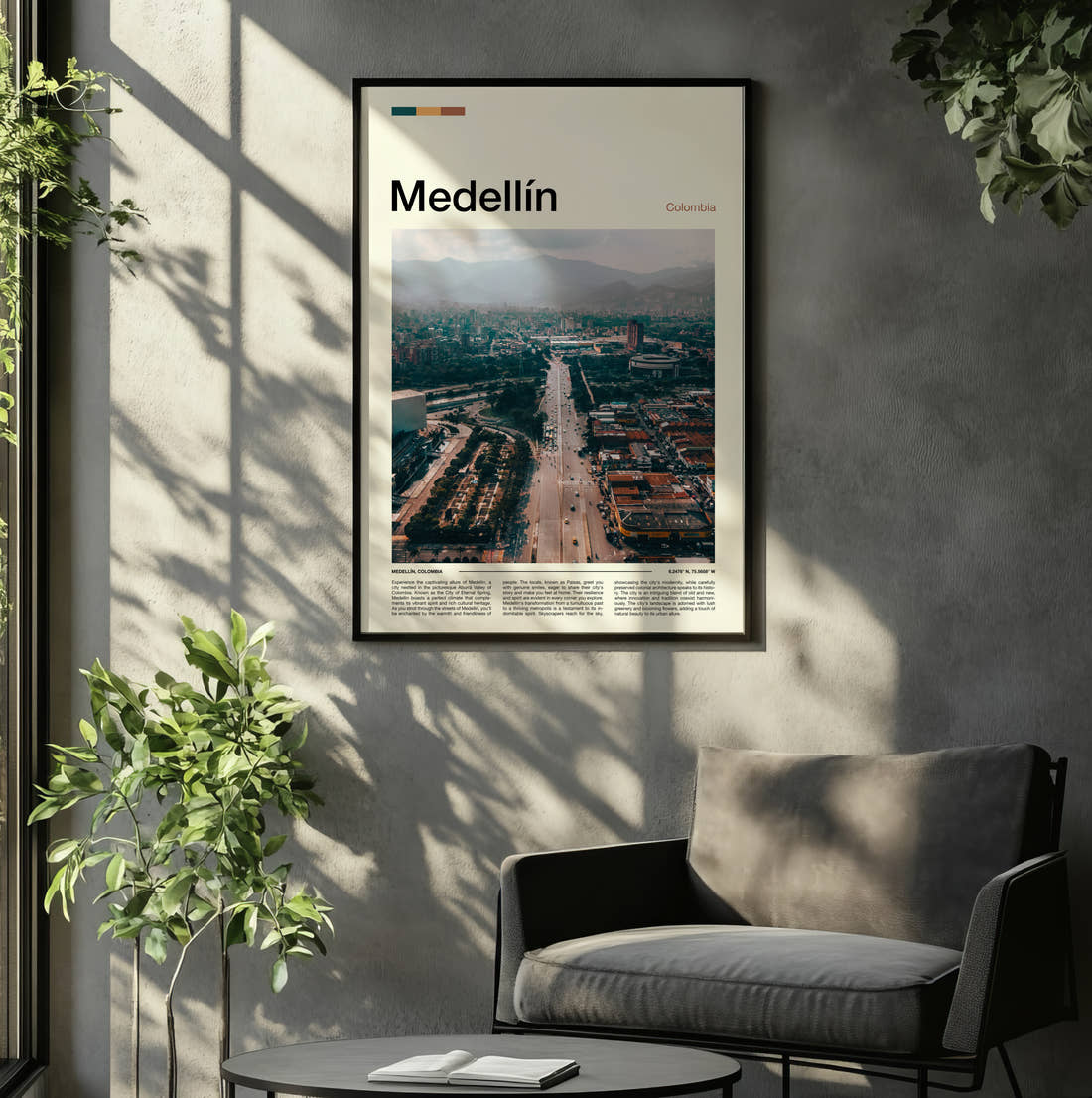 Medellín Avenue Through The City Travel Print framed on the wall of a relaxed living room