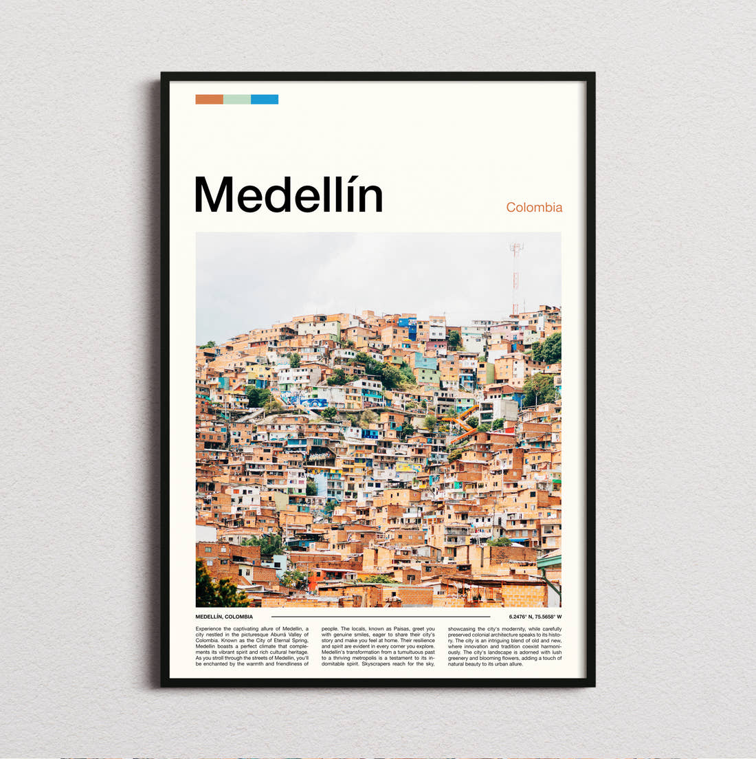 Medellín Colourful Hillside Houses Travel Print framed and photographed straight on