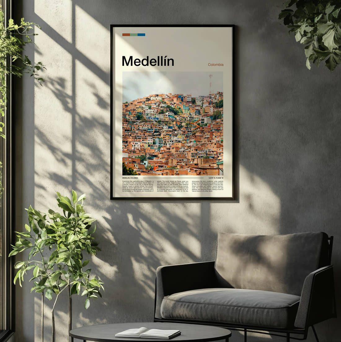 Medellín Colourful Hillside Houses Travel Print framed on the wall of a relaxed living room