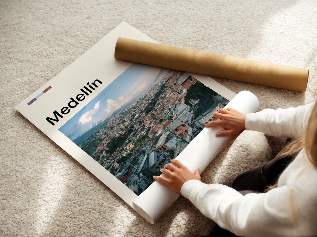 Medellín City In The Valley Travel Print being unrolled from its postal tube