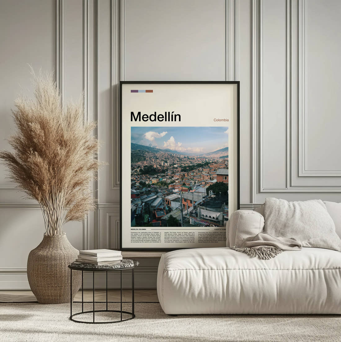 Medellín City In The Valley Travel Print framed on the wall of a calm, neutral bedroom