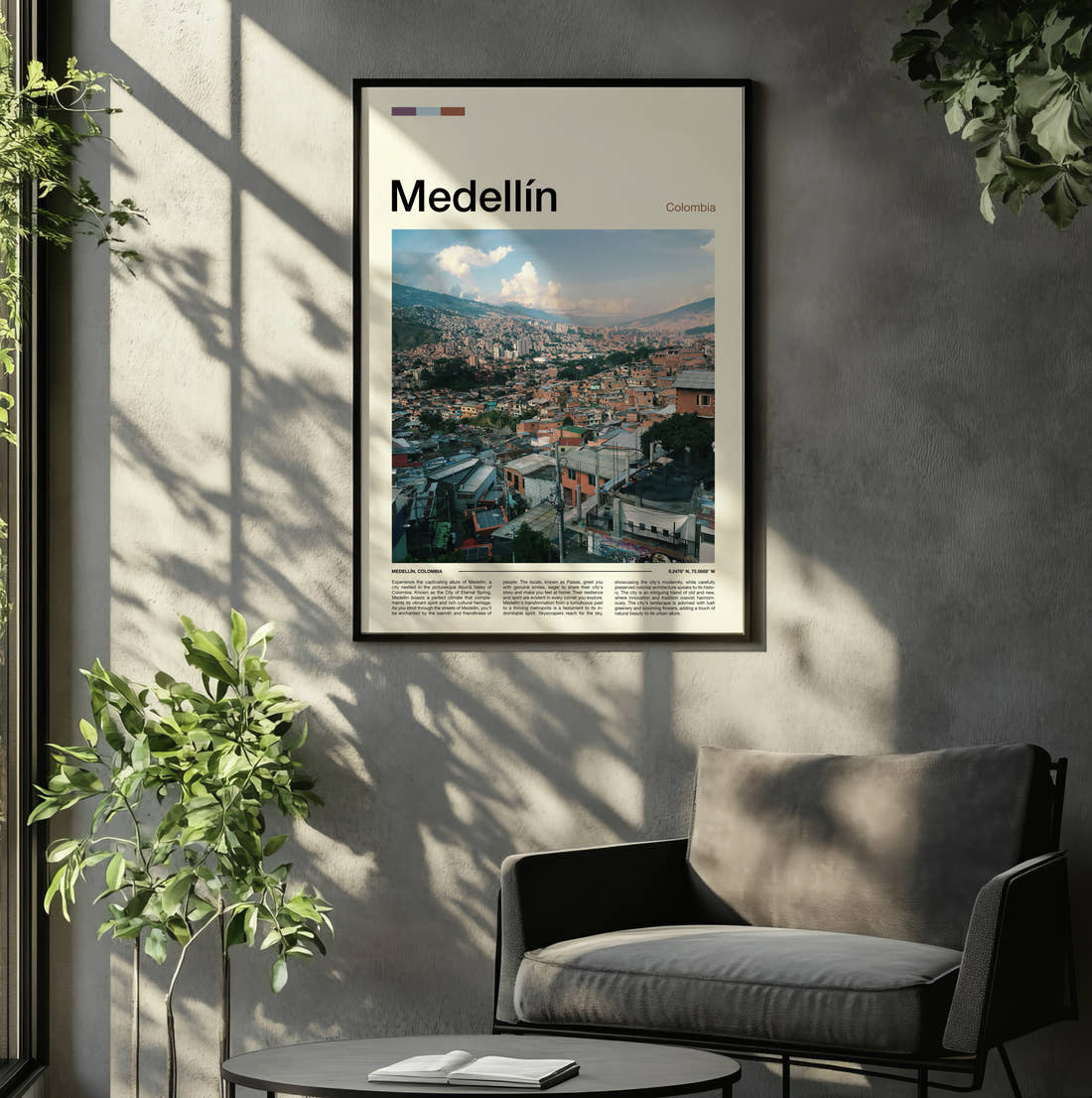 Medellín City In The Valley Travel Print framed on the wall of a relaxed living room