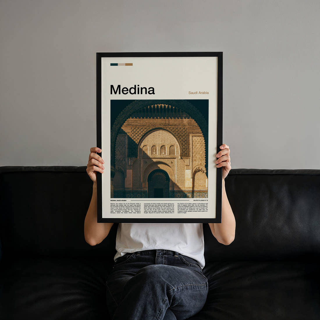 Medina Carved Archway Detail Travel Print held up by hand to show the size of the print