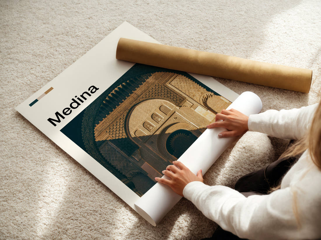 Medina Carved Archway Detail Travel Print being unrolled from its postal tube