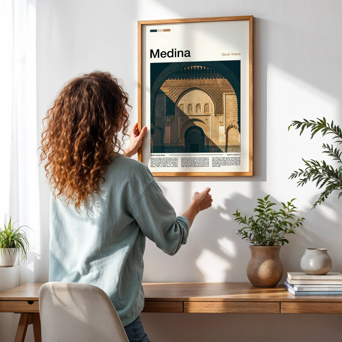 Medina Carved Archway Detail Travel Print framed on a pale wall beside houseplants