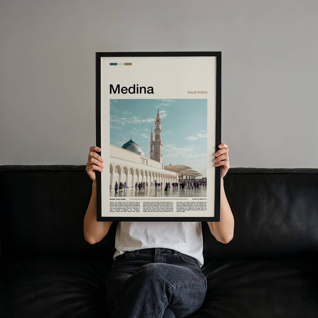 Medina Mosque Courtyard View Travel Print held up by hand to show the size of the print