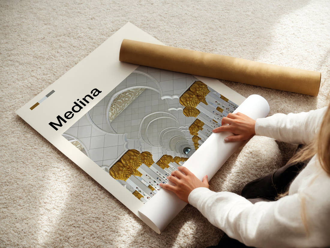 Medina Golden Arches Colonnade Travel Print being unrolled from its postal tube