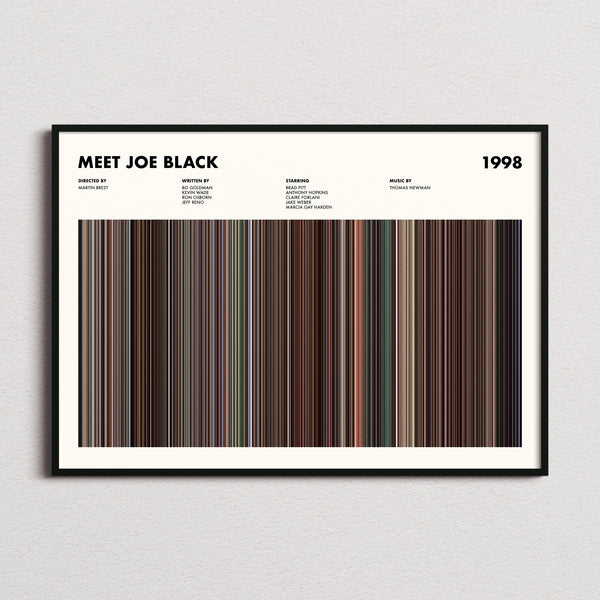Meet Joe Black Movie Barcode Poster framed and photographed straight on