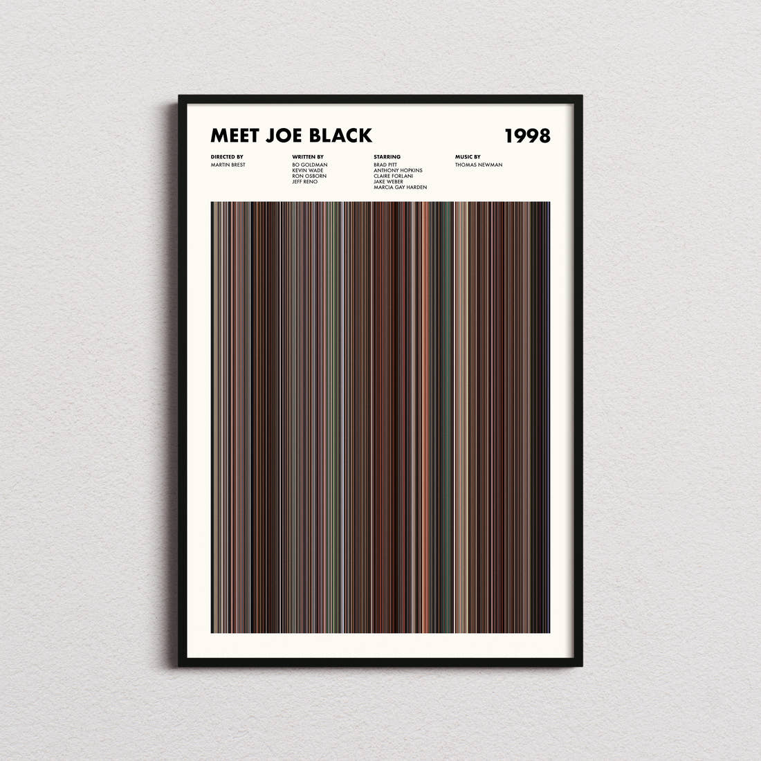Meet Joe Black Movie Barcode Poster framed on a plain studio wall