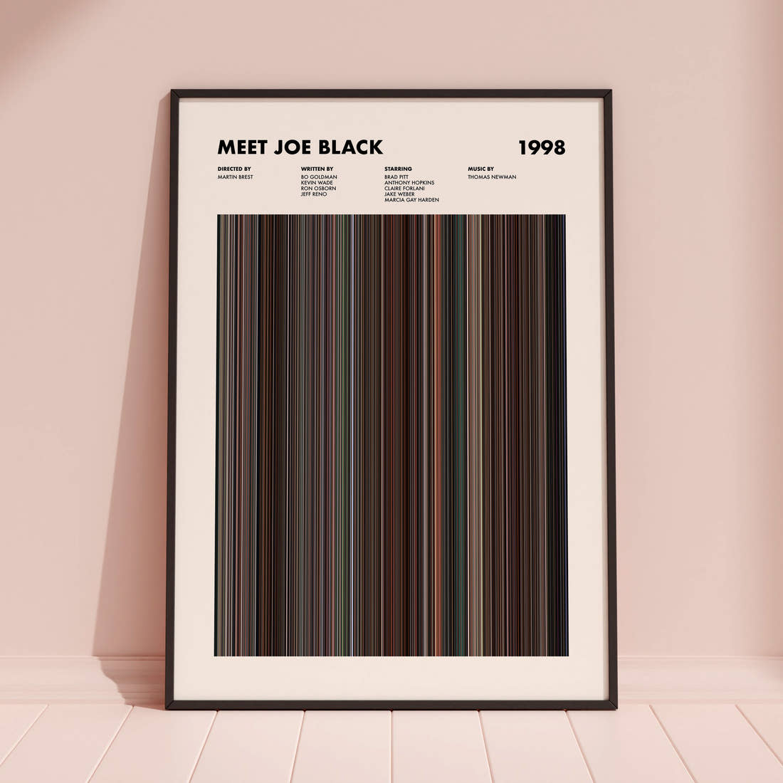 Meet Joe Black Movie Barcode Poster framed and leaning against a coloured wall