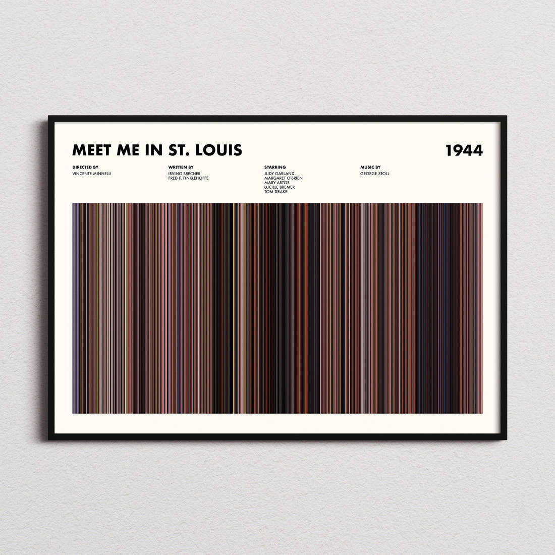Meet Me in St. Louis Movie Barcode Poster framed and photographed straight on