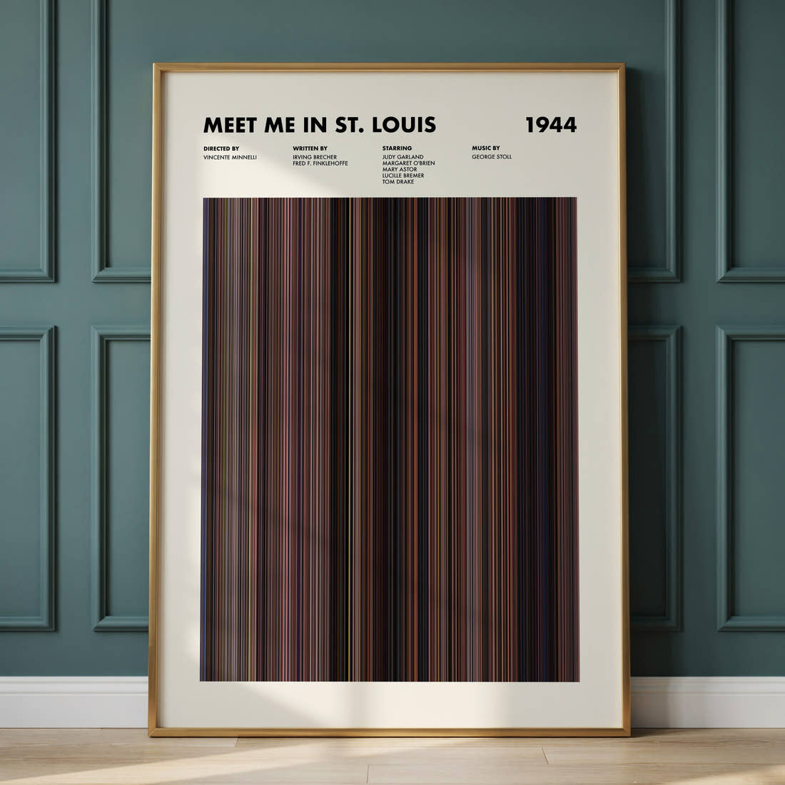 Meet Me in St. Louis Movie Barcode Poster framed and leaning against a panelled wall