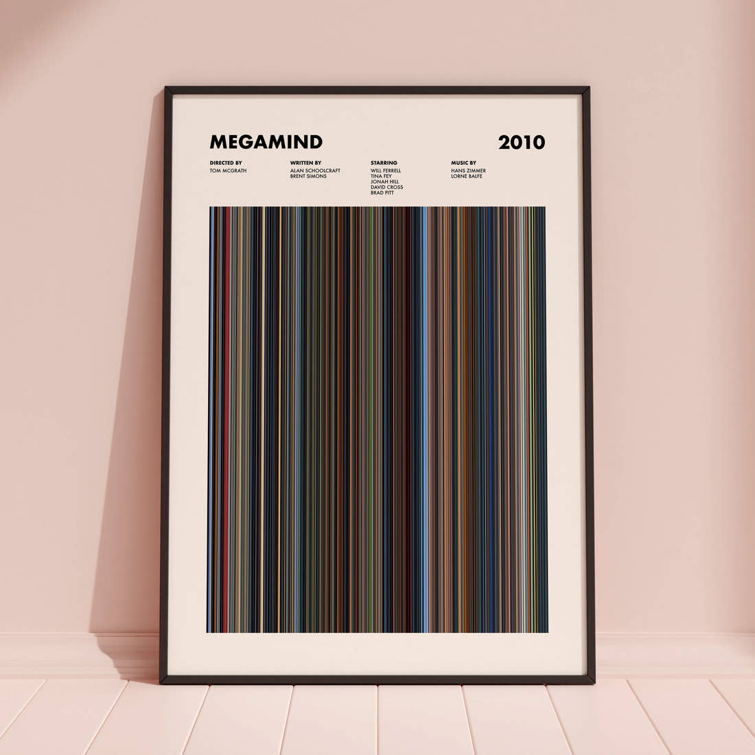 Megamind Movie Barcode Poster framed and leaning against a coloured wall