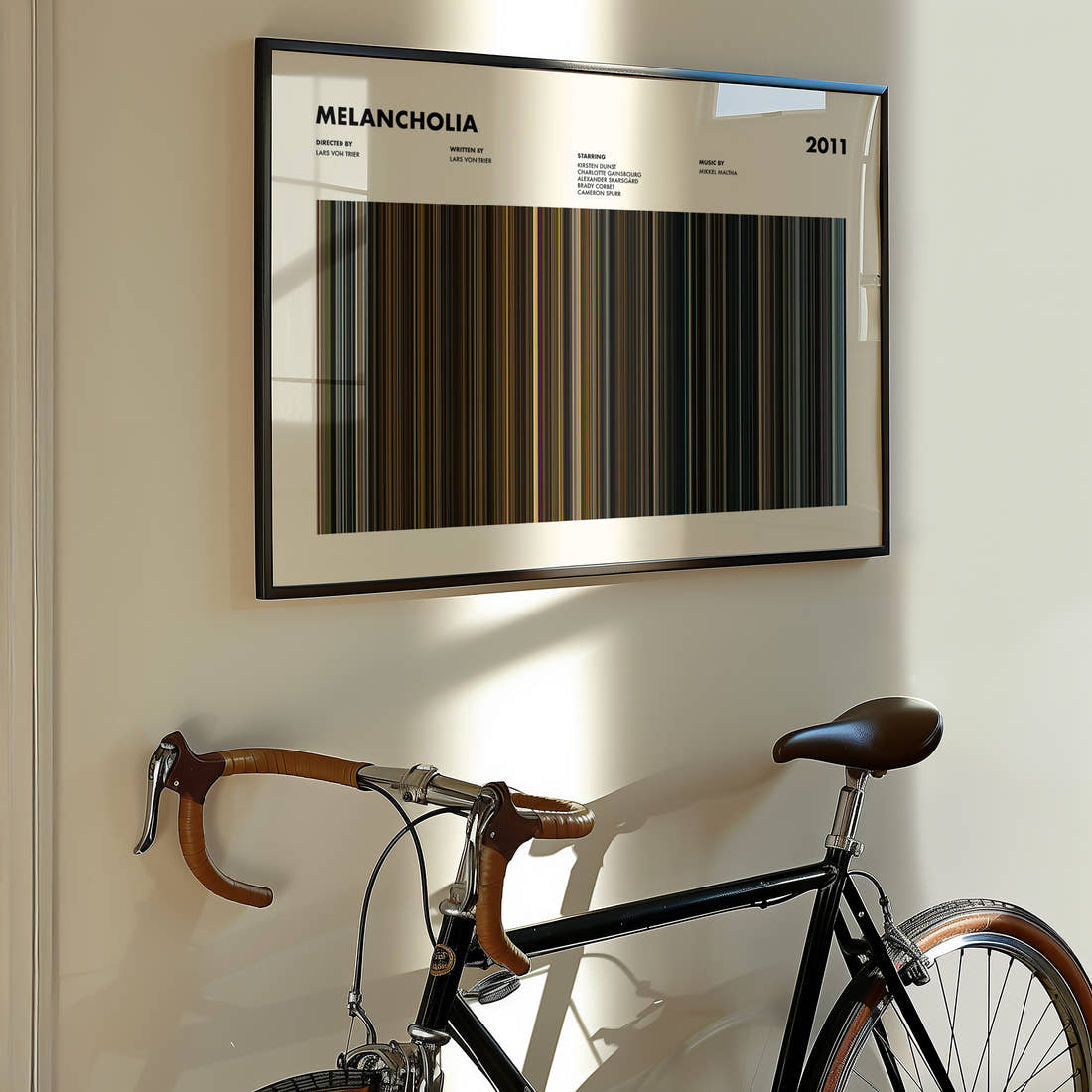 Melancholia Movie Barcode Poster framed on the wall of a styled room setting