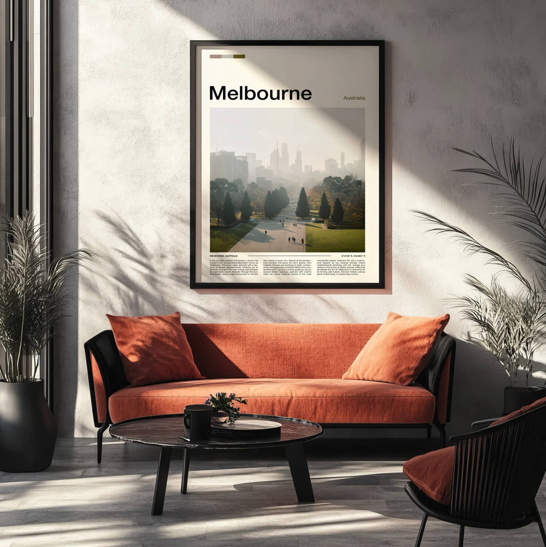 Melbourne Hazy Skyline Behind Park Travel Print framed on the wall of a modern living room