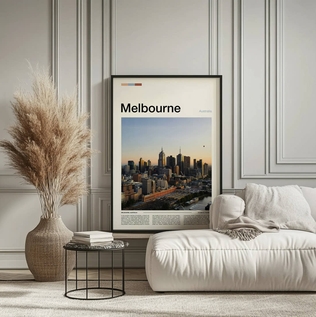 Melbourne Skyline At Golden Hour Travel Print framed on the wall of a calm, neutral bedroom