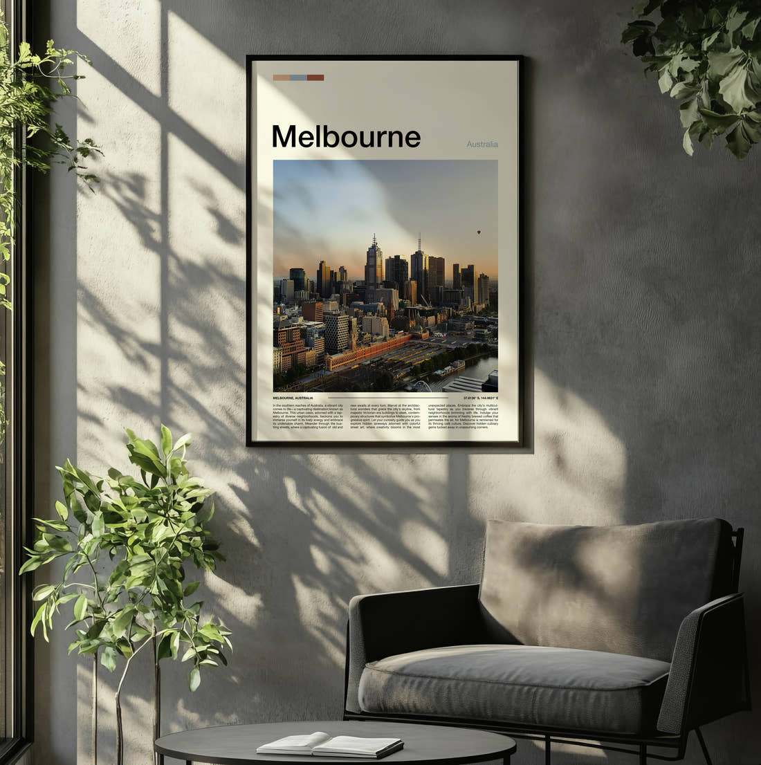 Melbourne Skyline At Golden Hour Travel Print framed on the wall of a relaxed living room