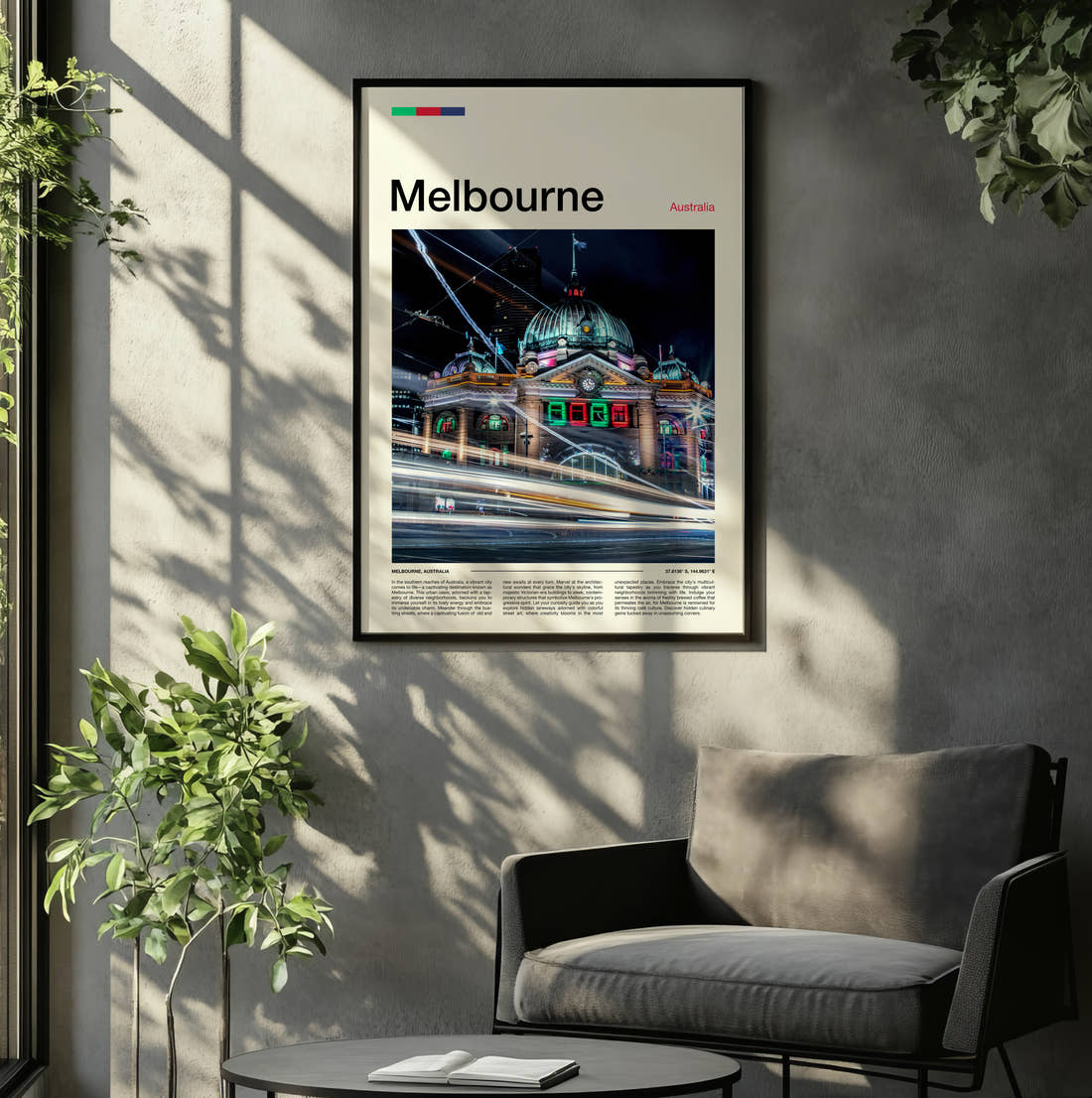 Melbourne Flinders Street Station Travel Print framed on the wall of a relaxed living room