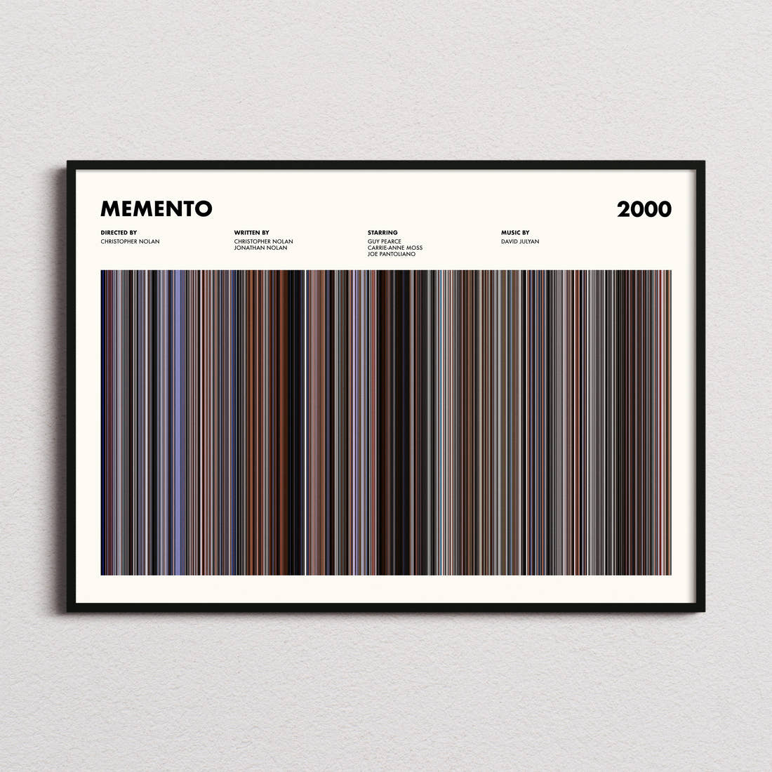 Memento Movie Barcode Poster framed and photographed straight on