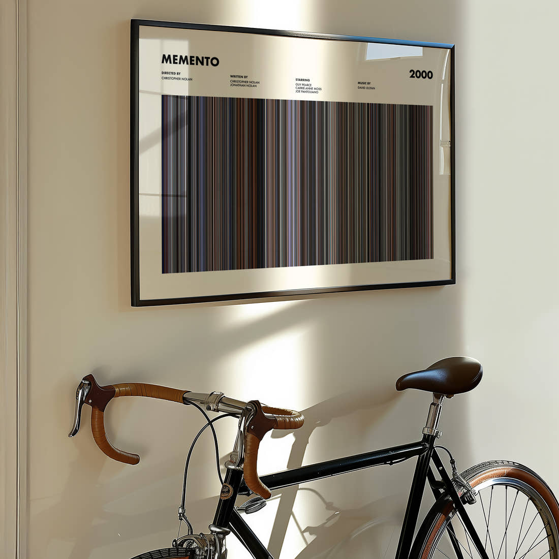 Memento Movie Barcode Poster framed on the wall of a styled room setting