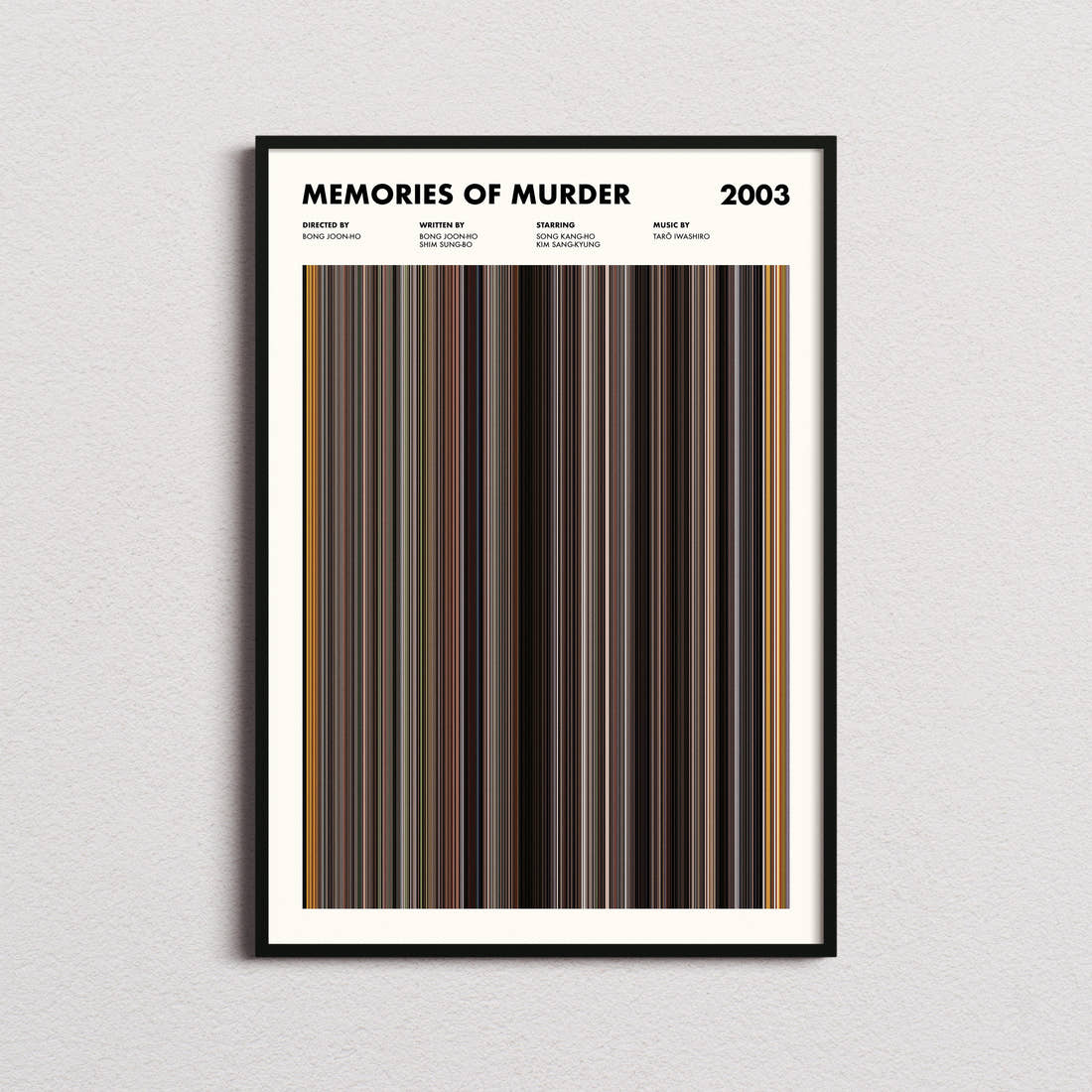 Memories Of Murder Movie Barcode Poster framed on a plain studio wall