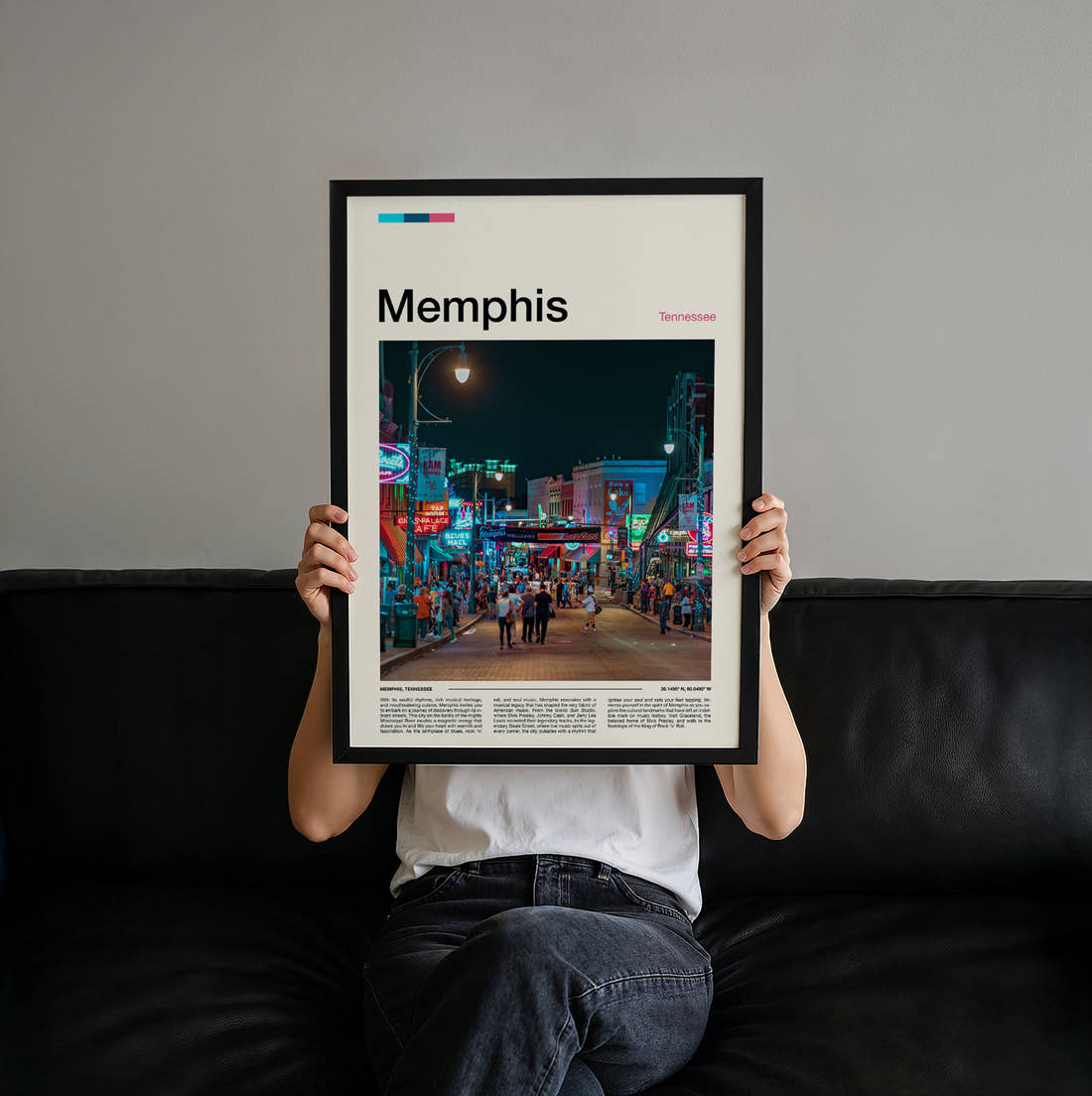 Memphis Neon Lit Street Travel Print held up by hand to show the size of the print